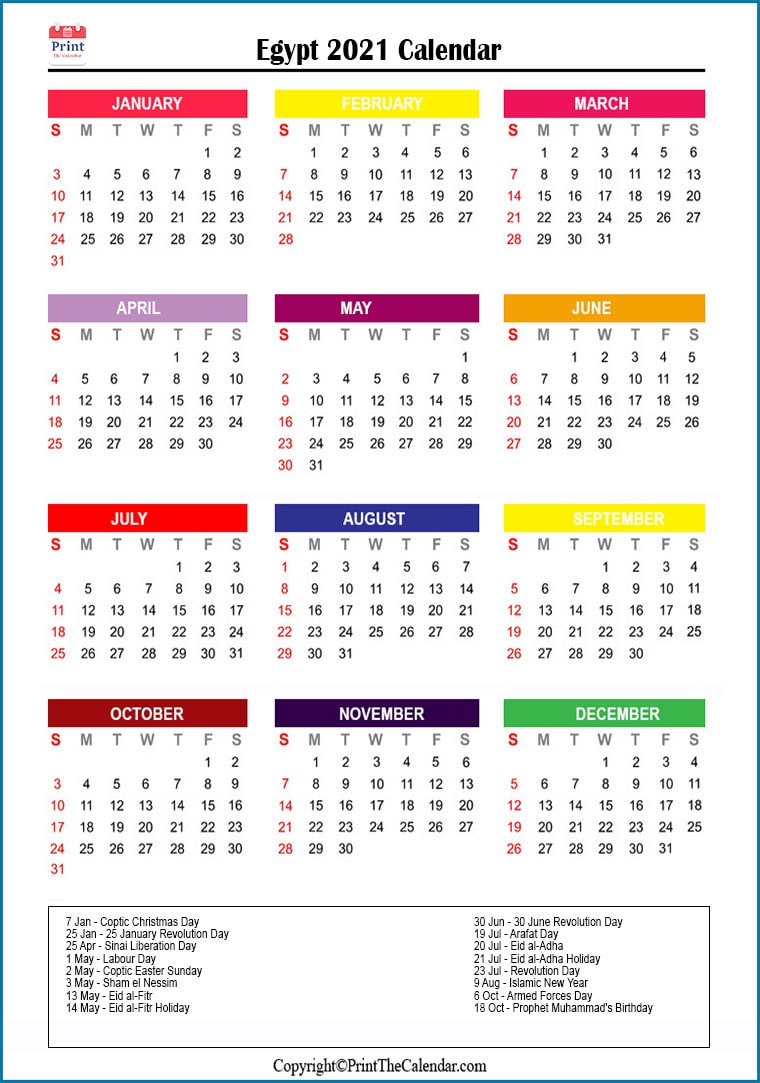 Egypt Printable Calendar 2021